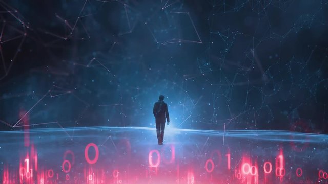 Businessman walks alone in danger digital computer cyberspace. 