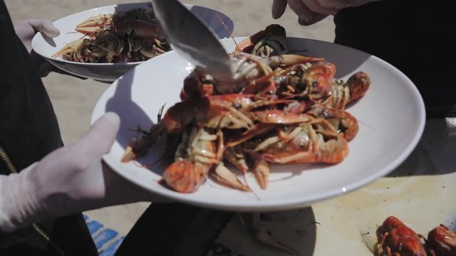 Cooked red crayfish on a plate in the street food festival. Red crayfish on a white plate. 