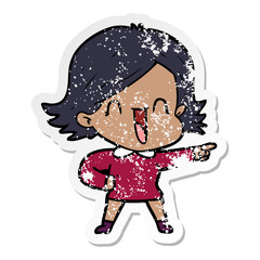 distressed sticker of a cartoon laughing woman pointing