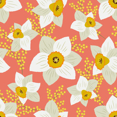 Seamless pattern with white daffodils and yellow mimosa on a peach pink background. Floral background. Vector illustration.