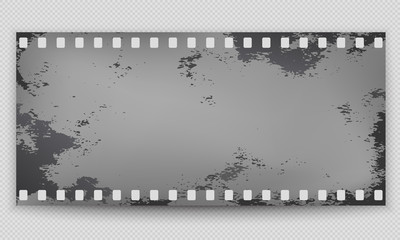 Grunge stained, dirty film strip with shadow is on squared background. Vector illustration