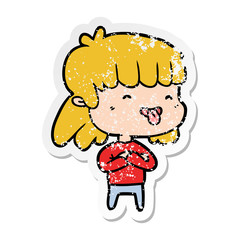 distressed sticker of a cartoon girl sticking out tongue