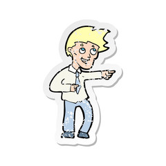 retro distressed sticker of a cartoon funny office man pointing