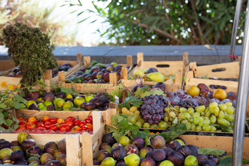 Fresh vegetables and fruit on the grocer bench