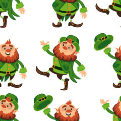 Leprechaun cartoon character seamless vector pattern for Saint Patrick Day in different poses Funny dwarf emoji variations Irish folklore mythology on white background Great for textile or print cover