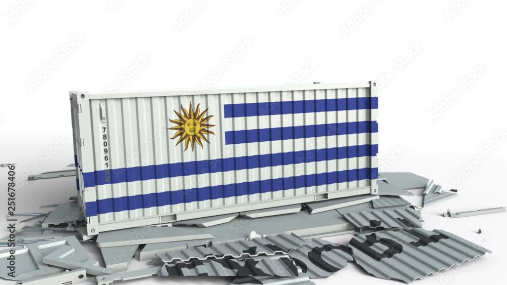 Poster cargo container with flag of uruguay breaks container with export text. conceptual 3d animation