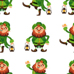 Obraz na płótnie Canvas Leprechaun cartoon character seamless vector pattern for Saint Patrick Day in different poses Funny dwarf emoji variations Irish folklore mythology on white background Great for textile or print cover
