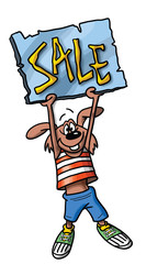 Cartoon dog holding a sale card in his hands vector illustration