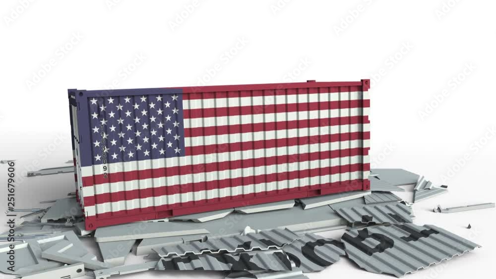 Poster container with export text being crashed with container with flag of the usa, conceptual 3d animatio