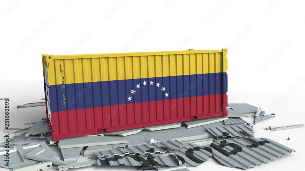 Poster cargo container with flag of venezuela breaks container with export text. conceptual 3d animation