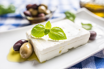 Greek cheese feta with olive oil olives and basil leaves