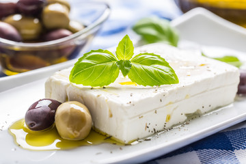 Greek cheese feta with olive oil olives and basil leaves - obrazy, fototapety, plakaty
