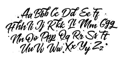 Hand drawn typeface set isolated on white. Brush painted characters: lowercase and uppercase. Vector logo font. Typography alphabet for your designs: logo, typeface, card, wedding invitation.