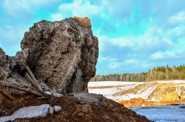 Belarus, a glacial conglomerate in the Radoshkovichi industrial quarry. A large stone consisting of...