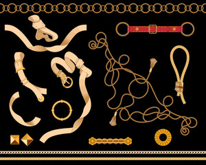Chains, ropes and belts set. Vector baroque templates for fabric, scarf.