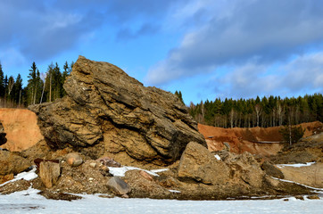 Belarus, a glacial conglomerate in the Radoshkovichi industrial quarry. A large stone consisting of...