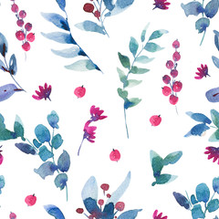 Fototapeta na wymiar Watercolor Vintage Seamless Pattern with Berries, Wildflowers, Green Leaves