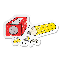 distressed sticker of a cartoon pencil and sharpener