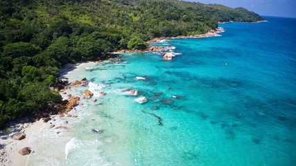 Aerial of Anse Lazio, one of the most beautiful beaches in the world, Praslin Island, Seychelles