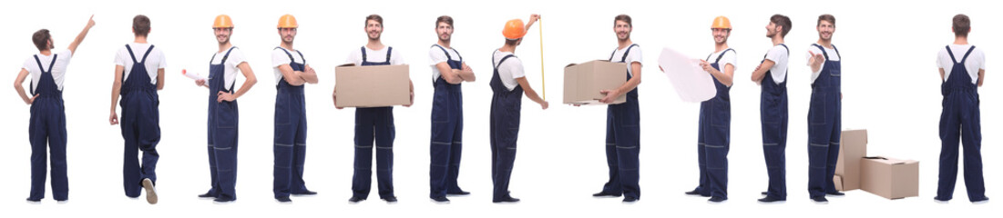 panoramic collage of skilled handyman isolated on white