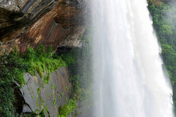 Waterfall large and high stream river mountain with cliff stone cave in the jungle tropical