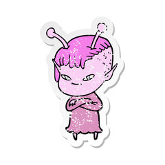 distressed sticker of a cute cartoon alien girl