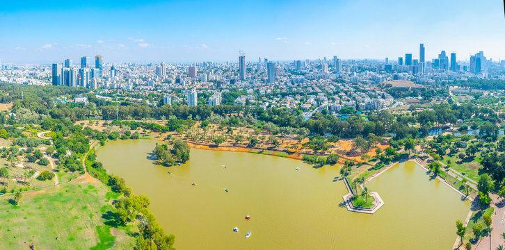Cityscape of Tel Aviv viewed from TLV Balloon flying over Hayarkon park, Israel