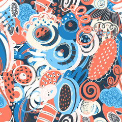 Naklejka premium Vector seamless pattern with hand drawn abstract shapes, scribbles, spirales. Stains and spots of paint. Creative background. Freehand style. Design with doodle. Wallpaper, textile, wrapping, cover
