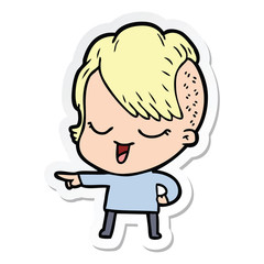 sticker of a happy cartoon girl pointing