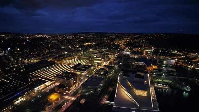 Aerial Norway Oslo June 2018 Night 15mm Wide Angle 4K Inspire 2 Prores  Aerial video of downtown Oslo in Norway at night with a wide angle lens.