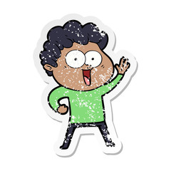 distressed sticker of a cartoon happy man