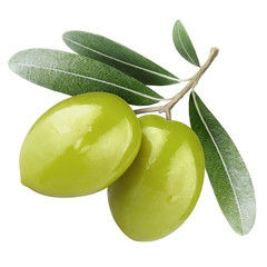 Olive branch with two delicious green olives, isolated on white background