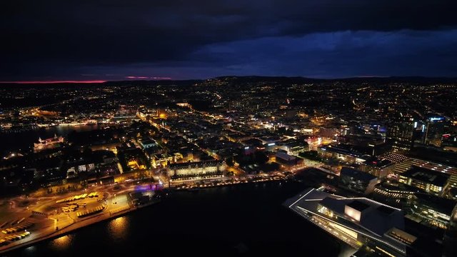 Aerial Norway Oslo June 2018 Night 15mm Wide Angle 4K Inspire 2 Prores  Aerial video of downtown Oslo in Norway at night with a wide angle lens.