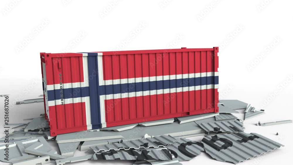 Poster container with flag of norway breaking container with export text. conceptual 3d animation