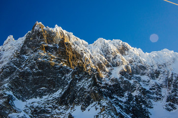 Mountains landscape in french Chamonix Mont Blanc during winter. Amazing view. and perfect place for skiing and snowboarding.