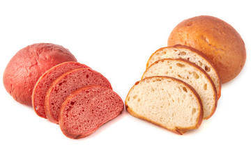 Colored hamburger buns cut slices and isolated on white background