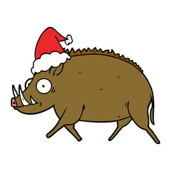 line drawing of a wild boar wearing santa hat