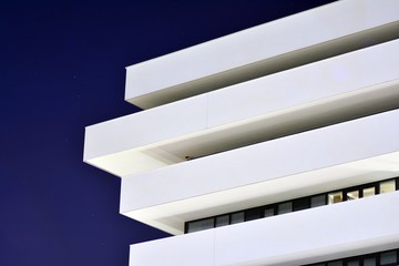 Exterior of apartment building at night 