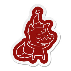 friendly cartoon  sticker of a fox wearing santa hat