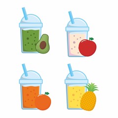 Set of juices with plastic cup isolated on white background