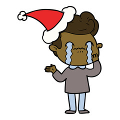 line drawing of a man crying wearing santa hat