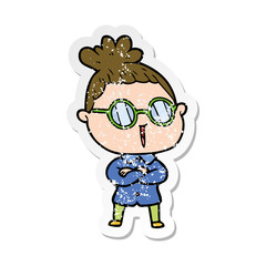distressed sticker of a cartoon woman wearing spectacles