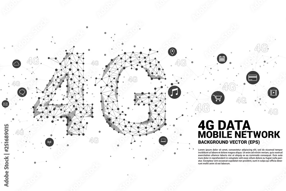 Poster Vector Polygon dot connect line shaped 4G mobile network with function icon. Concept for telecommunication and mobile phone technology.