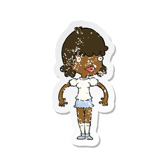 retro distressed sticker of a cartoon happy woman