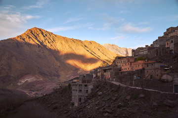 Sunset in typical moroccan village Imlil in High Atlas mountains Africa