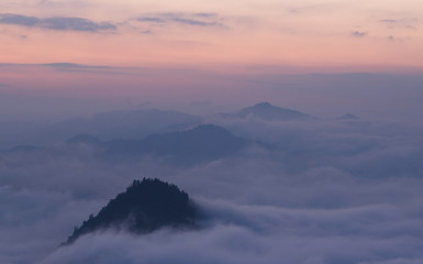 Foggy morning in mountains