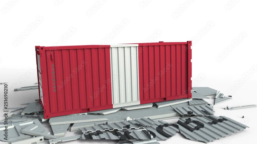 Poster cargo container with flag of peru breaks container with export text. conceptual 3d animation