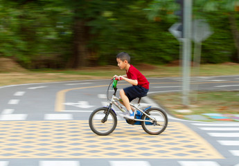 Asian boy riding bicycle in the park (motion blurred)