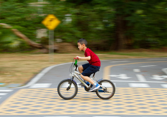 Asian boy riding bicycle in the park (motion blurred)