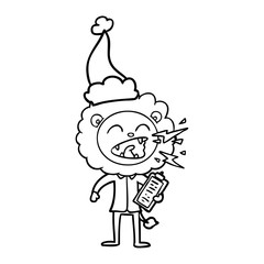 line drawing of a roaring lion doctor wearing santa hat